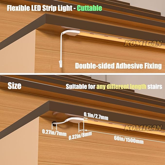 Intelligent Motion Triggered LED Stair Lighting Kit KMG-3233, 60" Cuttable LED Strip Light for Indoor LED Stair Lights (Cool White 6000K,16 Stairs)