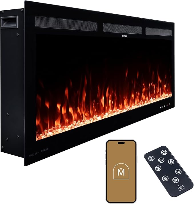 Modern Ember Vibrance 42 Inch Smart Linear Electric Fireplace Insert - Recessed or Wall-Mount, LED Multi-Flame Colors, Alexa/WiFi Enabled - Remote Included - Crystals
