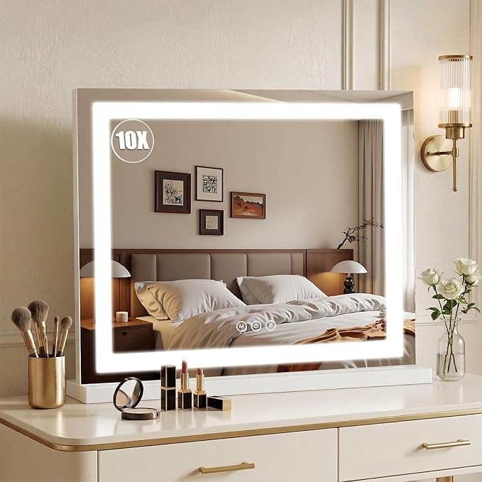 Vanity Mirror with Lights 23"x19", LED Makeup Mirror, 3 Color Lighting Modes, 10X Magnification, Smart Touch Control, Dimmable, Aluminum Metal Frame, Lighted Up for Vanity Desk (White)