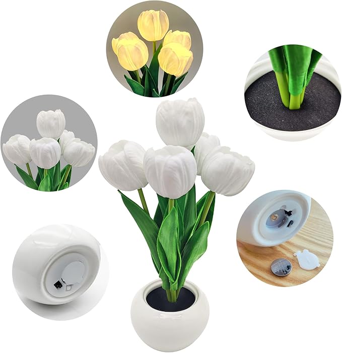 Flower Table Lamp Tulip Desk LED Night Light for Home Living Room Decor Artificial Flower with Vase Table Centerpieces for Birthday Holiday Party Wedding Room Decoration (White)