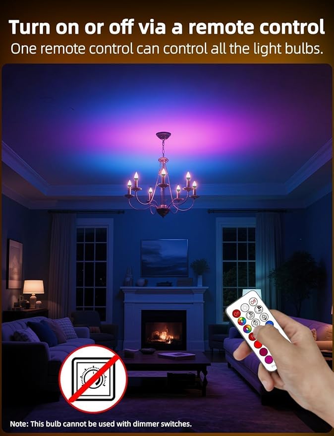 HEKEE E12 B11 LED Candle Light Bulbs, Color Changing, C37 40W Incandescent Equivalent, 450 Lumen, RGB + 2700K Warm White, 5Watt, 12 Colors, 2 Modes, Timer, Remote Control(10 Pack)