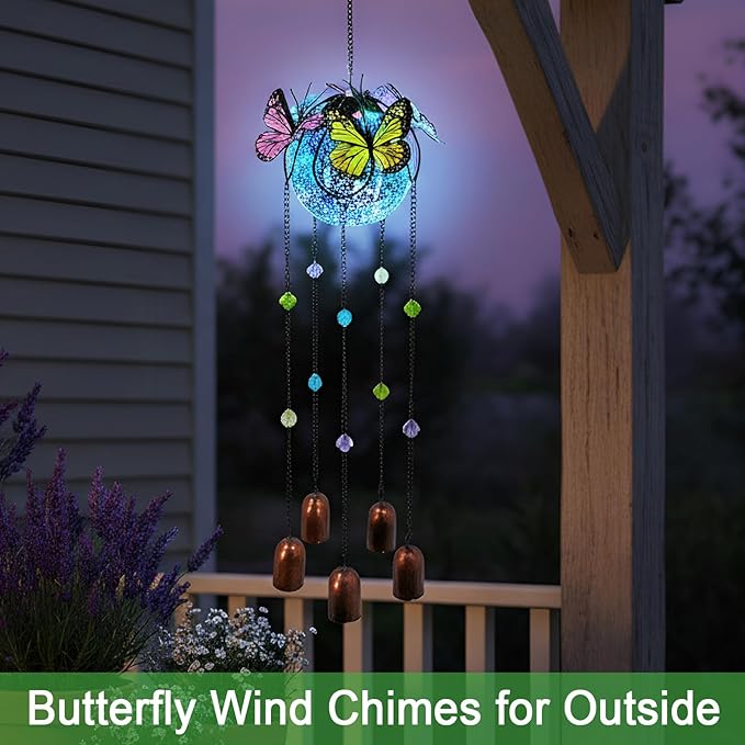Butterfly Wind Chimes for Outside,Plastic Ball Dangle Solar Lights Outdoor,Waterproof Hanging Yard Decorations for Garden,Patio,Porch