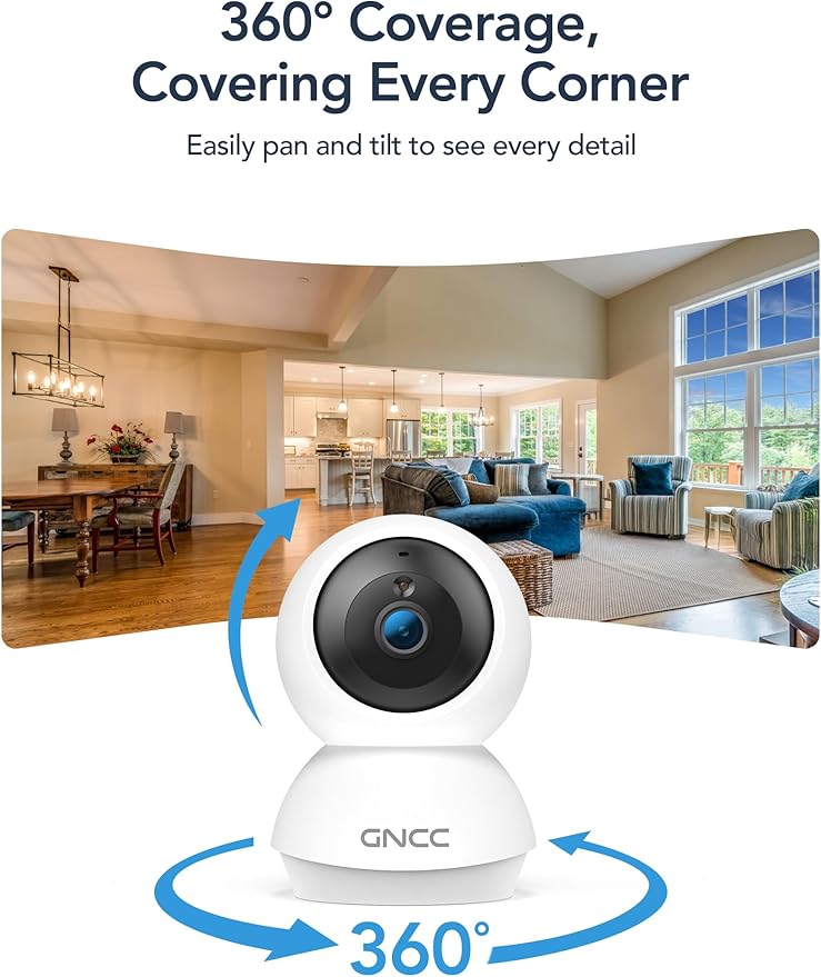 GNCC 2K Cameras for Home Security, Indoor Pan/Tilt Security Camera for Baby Monitor/Pet Camera, Motion Detection, Night Vision, 2-Way Audio, 24/7 SD Card Storage & Optional Cloud, 2.4/5GHz WiFi, 2 Pcs