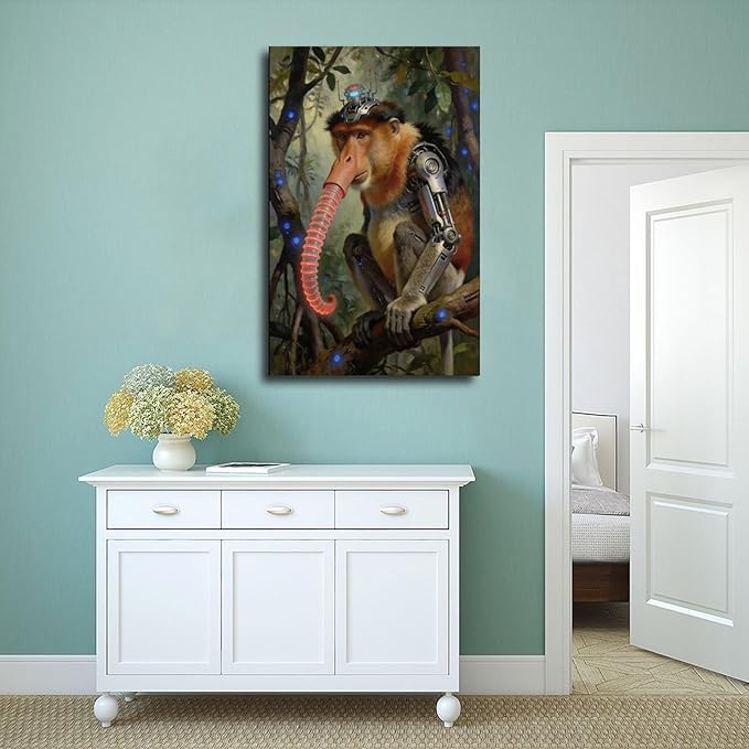 Framed Steampunk Mechanical Proboscis Monkey Wall Art - Jungle Neon Retro Poster for Apartment Leisure Area Decor 16x24inch(40x60cm)