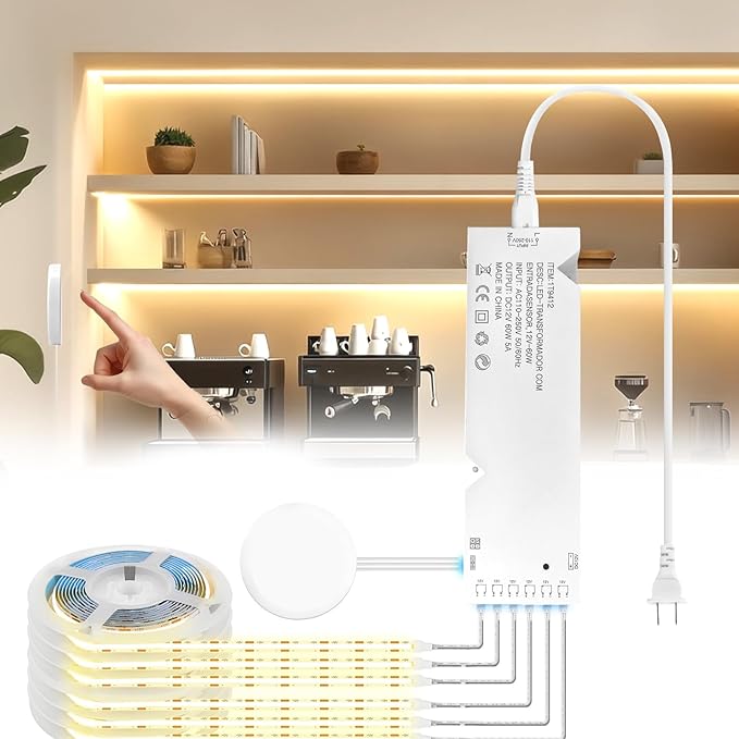 12V Warmwhite COB LED Strip Light Kit-6pcs 6.56FT Self-Adhesive LED Strip Parallel with Dimmable Touch Sensor Switch, Led Light Strip for Wood Slat Wall Panels, Home decor, Under Cabinet Strip Light