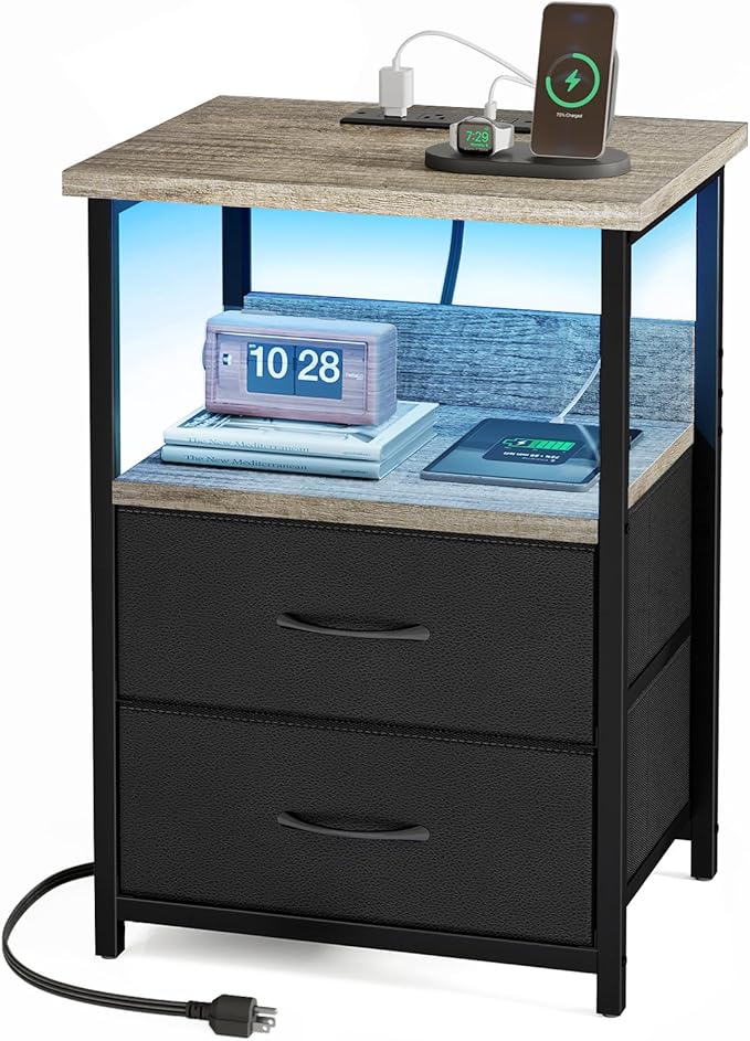 Fixwal Night Stand with Charging Station, LED Nightstand with U-S-B Ports and Outlets, 2 Fabric Storage Drawers with PU Finish, Bed Side Table, French Oak