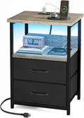 Fixwal Night Stand with Charging Station, LED Nightstand with U-S-B Ports and Outlets, 2 Fabric Storage Drawers with PU Finish, Bed Side Table, French Oak