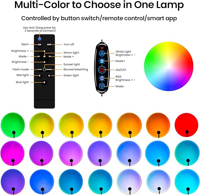 Sunset Lamp Projector with Remote Control, Multiple Colors LED APP Control Sunset Light Three Control Methods Night Light for Room Decor/Christmas Gift/Photography/Party/Bedroom Decor