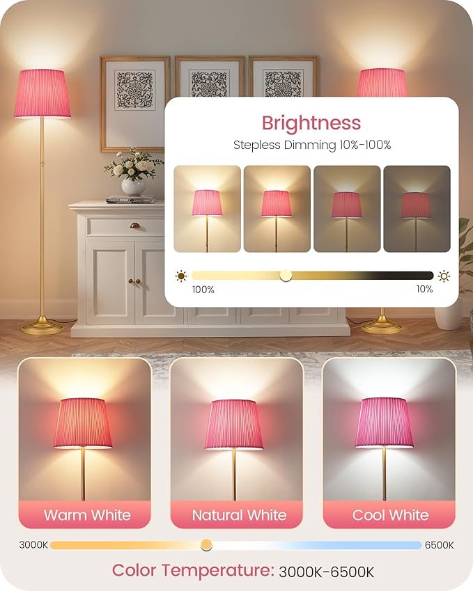 Pink Floor Lamp for Living Room, 68" Standing Lamp, Dimmable Reading Light with Remote & Foot Pedal, with LED Bulb, for Living Room, Bedroom, Girls Room FCC Listed, Gold and Pink DP12LD05