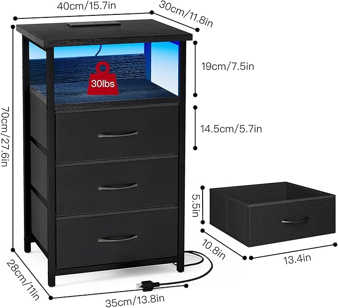 Fixwal Night Stand with 3 Fabric Storage Drawers, LED Nightstand with Charging Station, Bedside Table, Black