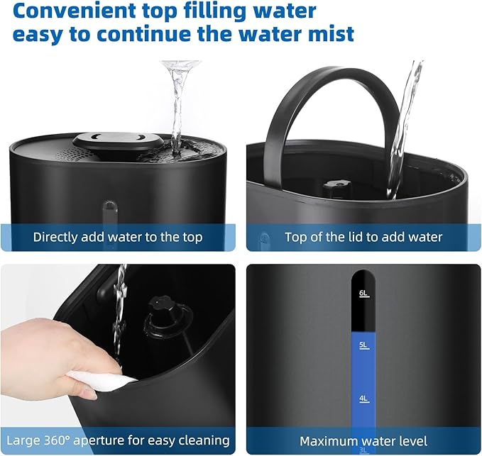 6L Humidifiers for Bedroom Large Room Home, Cool and Warm Humidifier for Plants Mist Top Fill Desk Humidifiers Essential Oil Diffuser, Quiet Humidifier with Adjustable Mist,360°Nozzle-Midnight Black