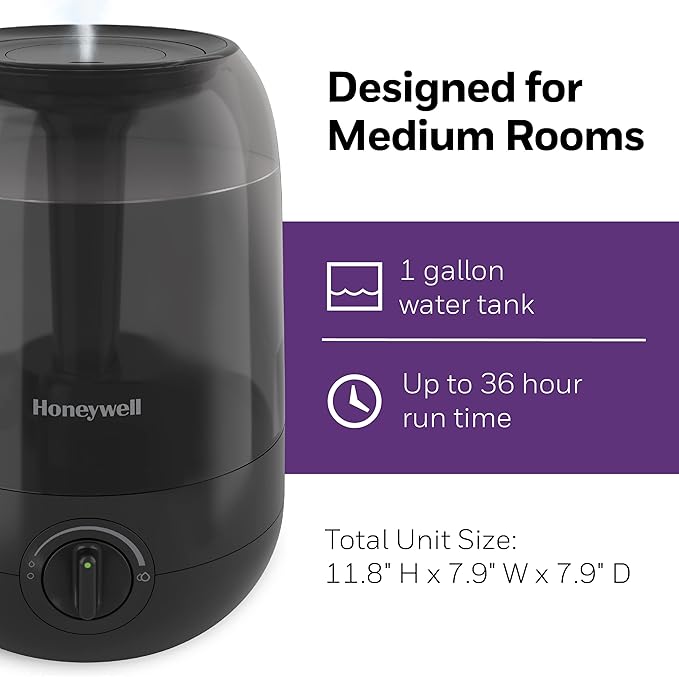 Honeywell Ultra Comfort Cool Mist Humidifier, No Filter, Easy to Fill and Clean, Cleaning Brush Included, Ultra Quiet, Use With Essential Oils for Extra Comfort, Black, HUL545B