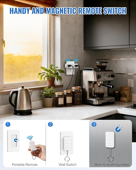 Remote Control Outlet with 2 Independent Control Sockets, WILAWELS Wireless Light Switch, Expandable Remote Outlet Switch for Christmas Tree Lights, String Lights, 15A/1875W/125V, FCC Listed