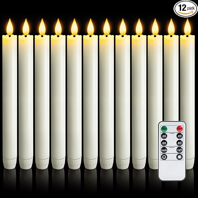 12 Pcs Flameless Taper Candles with Remote Timer, Battery Operated Window Candles, White Plastic LED Candlesticks, for Wedding Halloween Christmas Church Decor, 9.6 inches