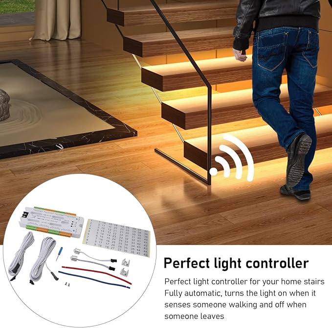 Intelligent Motion Sensor Cascading LED Stair Lighting Kit, 7.1in Length LED Light Bar with 16.4ft Cord, Cuttable LED Strip Light for Indoor LED Stair Lights LED Step Lights