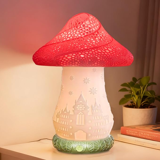 Cordless Mushroom Lamp - Rechargeable Touch Lamp for Nightstand, 3 Color Temperature Bedside Lamp with Rotating Castle Shade, Battery Operated Small Lamp for Bedroom, Nursery, Kids Room