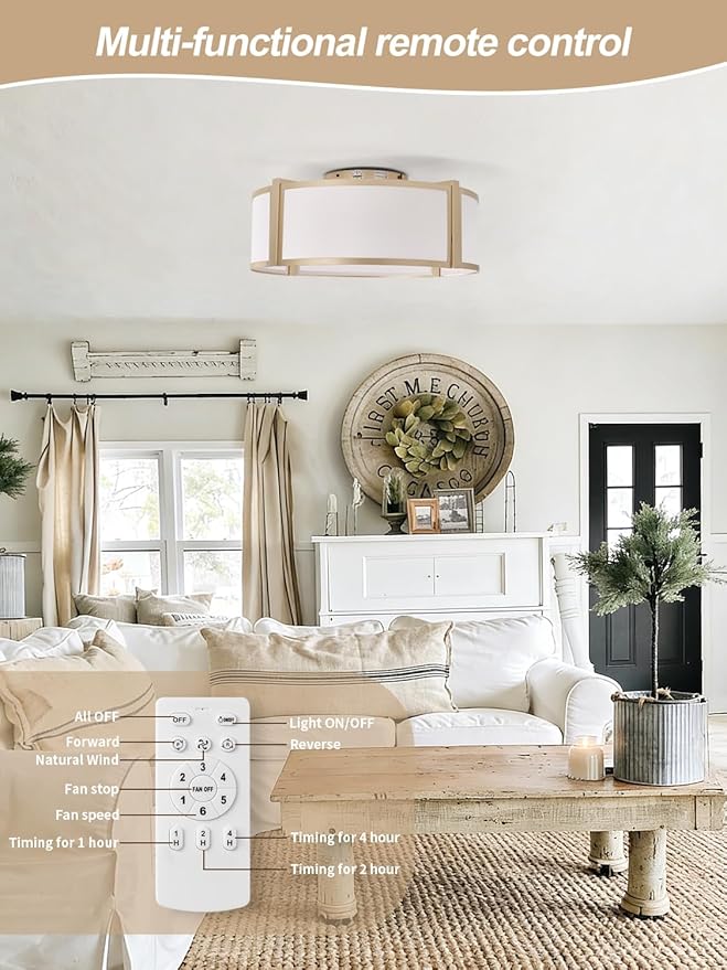 Gold Caged Ceiling Fan with Light, 20" Flush Mount Boho Ceiling Fans with Lights Remote Control, Low Profile Fabric Bladeless with 6 Speeds for Bedroom, Nursery, Living Room