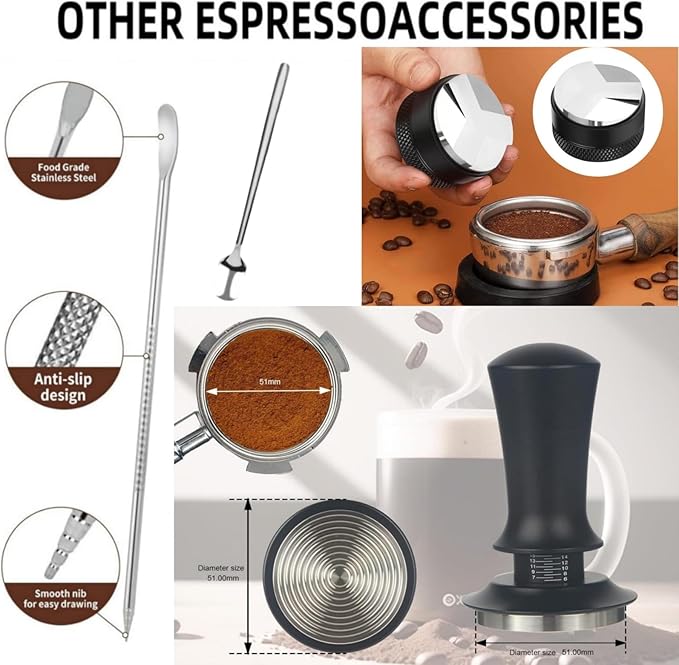51mm Espresso Accessories 10 PCS - WDT Tool Kit， Coffee Tamper with Wood Espresso Tamping Station， Frothing Pitcher, Distributor, Stirrer, Dosing Funnel, Brush, Puck Screen， Latte Art Pen
