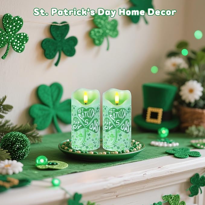 Flameless Candles Set of 2, 6"x3" Flickering Shamrock LED Candles with Remote & Timer, Real Wax St. Patrick's Day Electric Pillar Candles Battery Operated for Home St. Patrick's Day Decor (Clover)