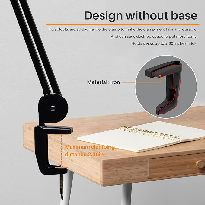 Task Lamp with Clamp, Bright 117PCS LEDs, Metal Swing Arm 24W 2200 Lumen Dimmable Led Desk Lamp for Architect Home Office Study Reading Dorm Workbench Craft, 23 Inch Working Lamp(Black)