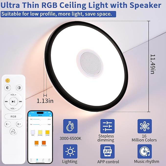 RGB LED Ceiling Light, with Bluetooth Speaker, 24W 11Inch Smart Music Ceiling Lamp with App and Remote Control, 3000K-6500K Color Changing Lights Fixture for Child Bedroom Bathroom, Black