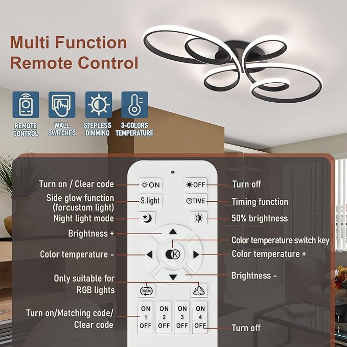 66W Modern LED Ceiling Light, Flower Flush Mount Light Fixture with Remote Control Black Dimmable Ceiling Lamp for Living Room, Bedroom, Dining Room, Hallway, Kitchen