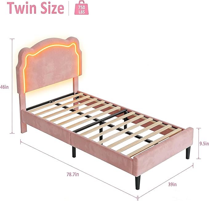GarveeHome Twin Upholstered Smart LED Bed Frame with Headboard, Velvet Princess Platform Bed Frame for Kids, Wooden Slats Support, No Box Spring Needed (Rose)