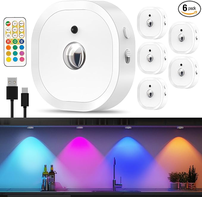Under Cabinet Lighting, 1500mAh Rechargeable Puck Lights with Remote,13 RGB Colors, Magnetic Stick on Light, Dimmable Wireless Tap Light for Kitchen, Shelf, Pantry(White 6 Pack)