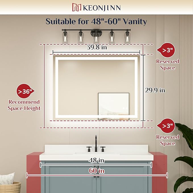 Keonjinn LED Mirror for Bathroom 40 x 30 Inch, Frontlit & Backlit Bathroom Vanity Mirror with 3 Color Lights, Lighted Bathroom Mirror with Anti-Fog, HD Tempered Glass, UL-Listed LED Driver, CRI90+