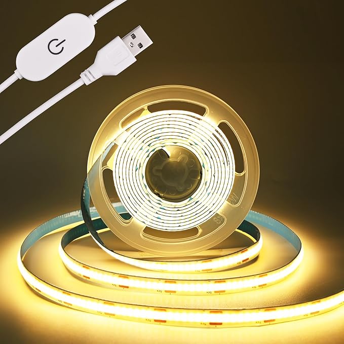 COB LED Strip Light 5V USB Tape 320LED/m Dimmable LED Strip Light USB TV Backlight Flexible Under Cabinet Tape Light for Bedroom,Kitchen,Home DIY Lighting (3000K, 9.84FT)