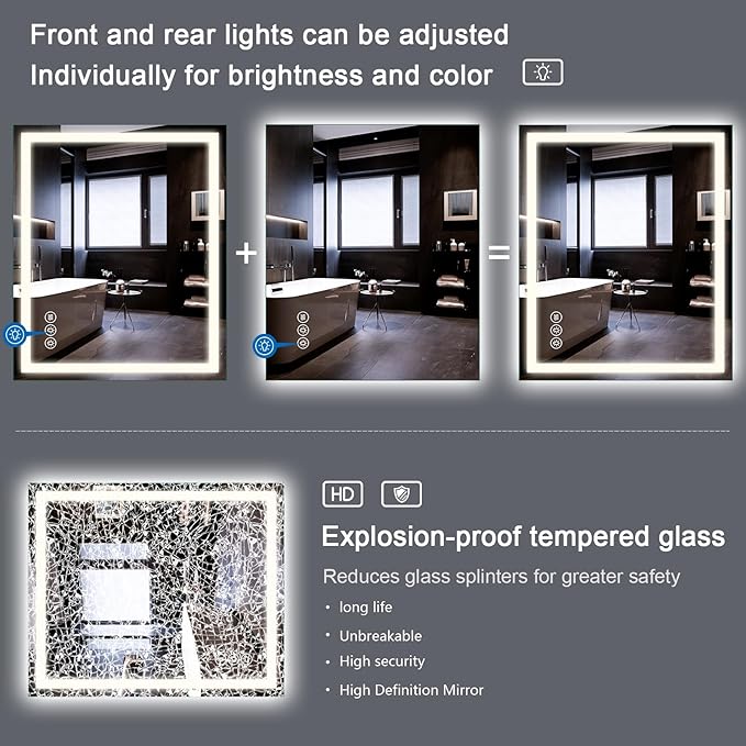 Led Bathroom Mirror with Light 48"x40" Frameless Lighted Vanity Mirror Wall Mount, Fogless, 3 Color Mode, Stepless Dimmable Front Light and Backlit, Smart Touch Sensor, Tempered Glass