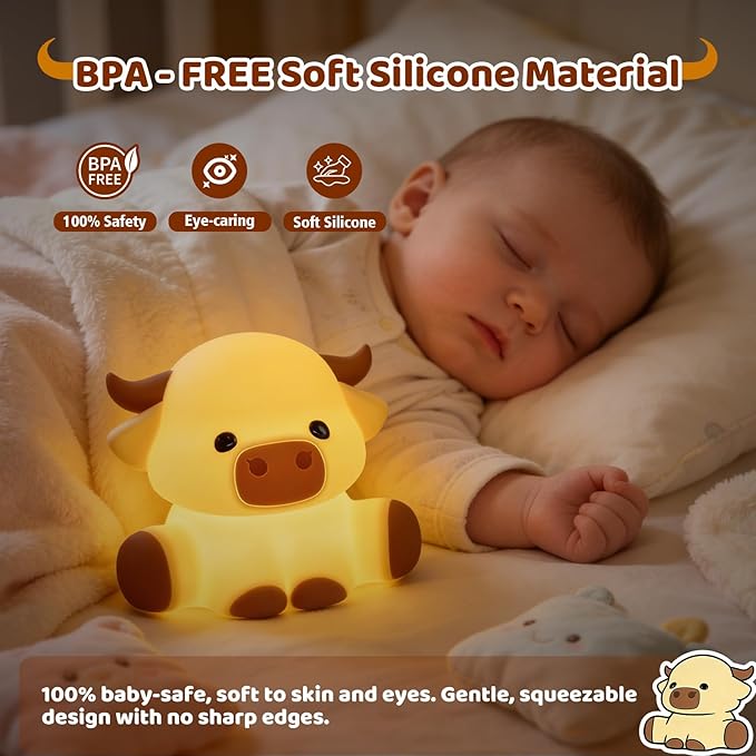 Cute Highland Cow Night Light, LED Touch Silicone Lamp for Bedroom with 7 Colors Timer and Dimmable Squishy Warm Light Night Lights, Rechargeable Animal Lamp for Bedroom Decor Birthday Gift
