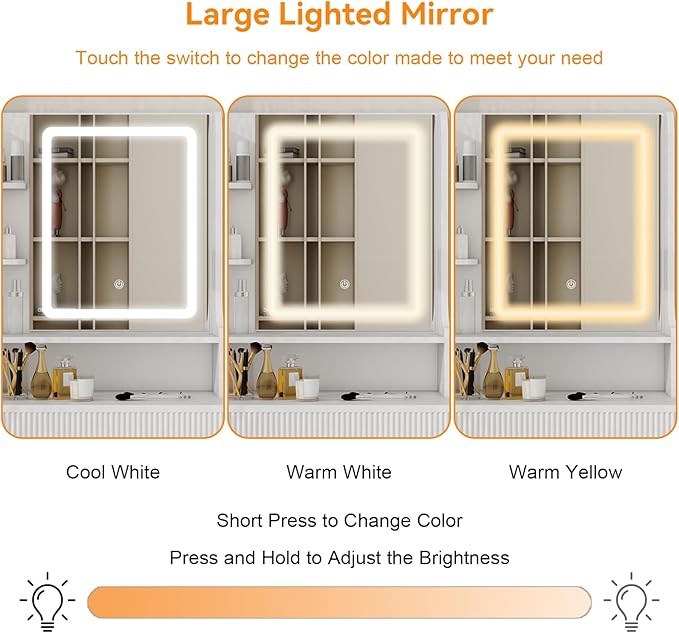 YOURLITE Fluted Makeup Vanity Desk with Mirror and Lights, 24" Small Vanity Table Set with LED Mirror & Stool, Dressing Table for Bedroom