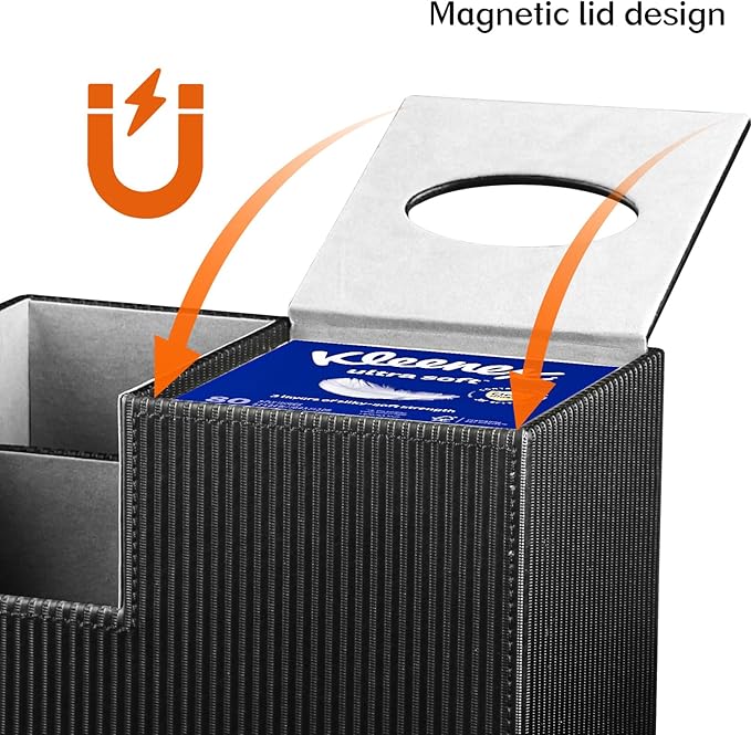 Fanousy Tissue Box Cover Square with Storage, PU Leather Cube Tissue Box Holder, Multifunction Remote Control Nightstand Organizer, Modern Desk Caddy for End Table, Bathroom, Home, Office Decor