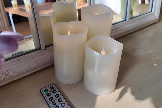 Flameless Pillar Candles Flickering with Remote Timer, Battery Operated LED Candles Up to 400 Hours, 3D Moving Flame Real Wax Candles. (Ivory with Invaginated top)