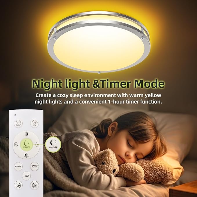 hepside Flush Mount LED Ceiling Light with Remote, Dimmable& 3000K-6500K Adjustable Ceiling Light Fixture, Timer, Night light, 16 inch Brushed Nickel Ceiling Lamps for Kitchen Bathroom Bedroom Hallway