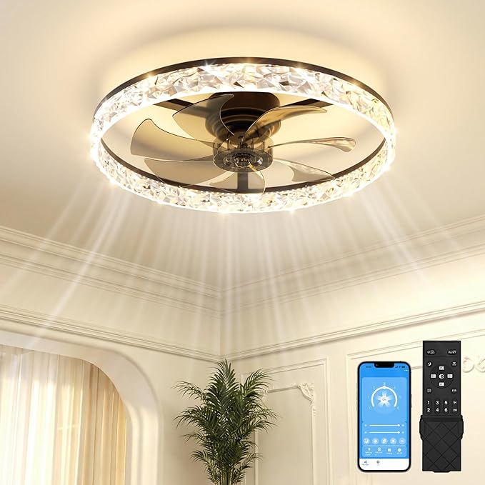 VOLISUN Low Profile Ceiling Fan with Lights and Remote, 24in Modern Ceiling Fans Flush Mount, 3000K-6500K Dimmable Bladeless LED Fan Light, Black Fandelier Ceiling Fans with Lights for Bedroom