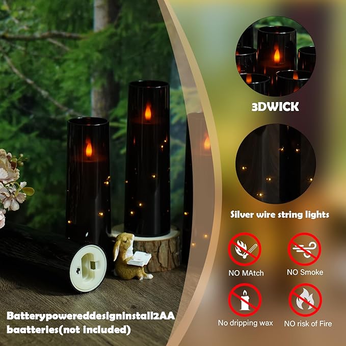 Flameless Candles with Embedded Star String - Battery Operated LED Candles, with Remote,12 Black Flickering Candles for Christmas, Weddings, Home Decor & Party,(D 2.3"×H 5" 6" 7")