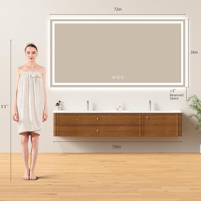 72x36 LED Bathroom Mirror with Lights - Dimmable, Anti-Fog, 3 Color Backlit & Front Lit Mirror for Bathroom, Shatter-Proof Tempered Glass, Easy Installation