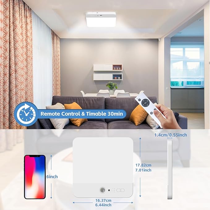 2 Pack Rechargeable Motion Sensor LED Ceiling Light with Remote, Wireless Battery Operated Closet Light, 400LM Dimmable 3 Color Temperatures, Ideal for Stair Hallway Garage Pantry