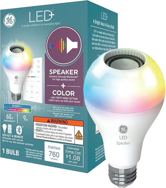 GE LED+ Color Changing Speaker LED Light Bulb with Remote, Daylight and Multicolor, A21 Standard Bulb (1 Pack)