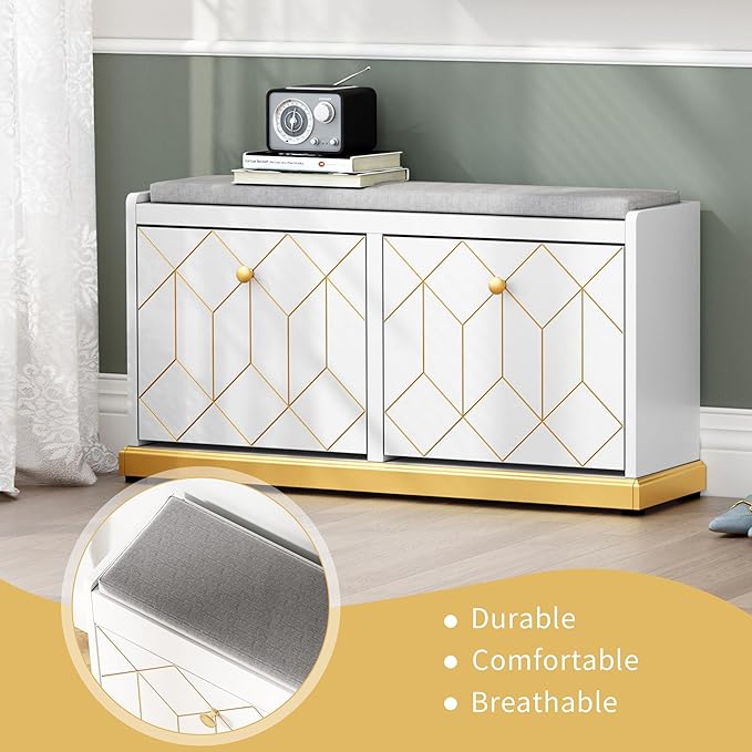 HLR Shoe Bench with Storage, Modern Entryway Bench with 2 Flip Drawer & Padded Cushion Seat, Shoes Storage Bench for Hallway, Closet, Living Room, White Shoe Storage Cabinet with Bench