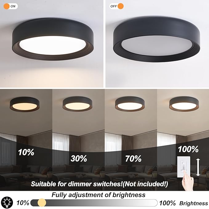 15.75 Inch Dimmable Black Flush Mount LED Ceiling Light,Modern Round Close to Ceiling Lighting for Living Room,Bedroom,Kitchen,Laundry Room