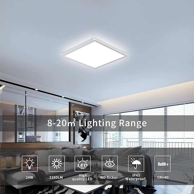 DELIPOP 4 Pack Flush Mount Ceiling Light, 12 Inch 24W Ultra Thin Square LED Ceiling Light, 6500K Cool White Low Profile Light Fixture for Living Room Bedroom Bathroom Kitchen Dining Room Corridor