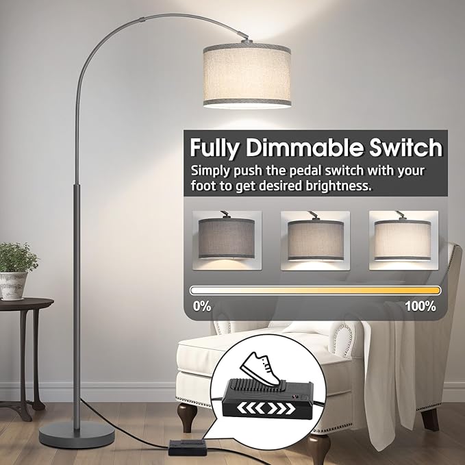 Arc Floor Lamp with Dimmer, Dimmable Floor Lamp for Living Room, Modern Standing Lamp with Gray Adjustable Hanging Shade, Tall Pole Lamp Reading Light for Bedroom, Over Couch, 9W LED Bulb Included