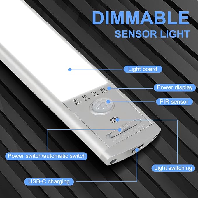 Under Cabinet Lighting, 6Pack Motion Sensor Light Indoor with 3 Color Temps, Rechargeable Under Counter Lights for Kitchen,Dimmable Closet Lights Battery Operated, 88 LED Motion Sensor Light Indoor