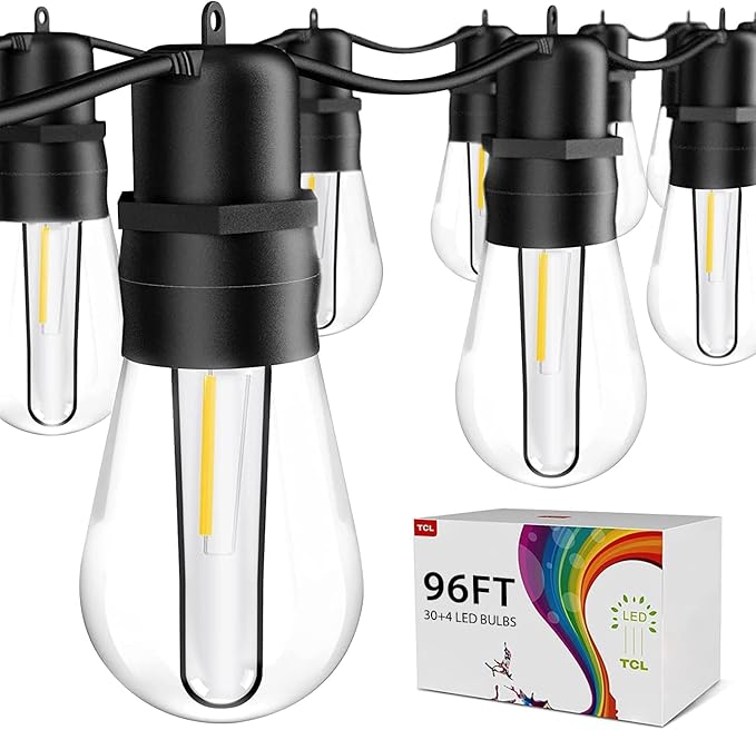 LED Outdoor String Lights, 96FT Patio String Lights with S14 30+4(Spare) Plastic Shatterproof Bulbs, ETL Listed IP65 Waterproof Heavy-Duty for Backyard Lights,Bistro Lights,Cafe Lights