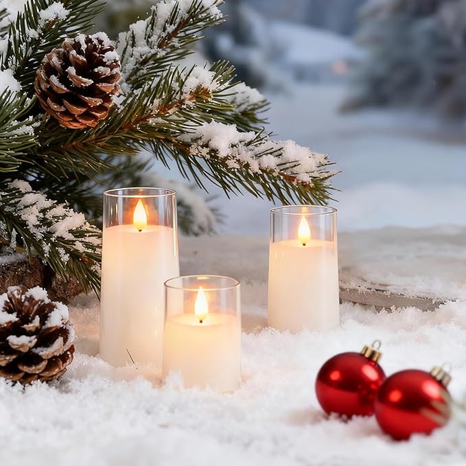 Raycare Flameless Candles Battery Operated with Remote Timer, Acrylic Flickering LED Pillar Candle for Valentine's Day Decoration, Home Decor, Gift for Family and Friend, White, Set of3