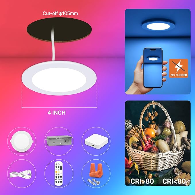 12Pack Smart RGB Recessed Lighting 4Inch,Ultra-Thin Canless LED Downlight,2.4GHz Wi-Fi Bluetooth, 2700K-6500K, 9W 810LM,Work with Tuya App,Alexa,Google Assistant,Sync Music