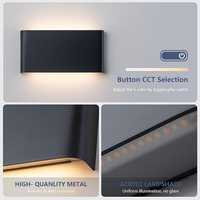 Nigaut Modern LED Wall Sconce Light, 15W 3000k-6500k Adjustable Black Bathroom Vanity Light Fixtures for Hallway Bedroom Stairwell Up and Down Lights Indoor/Outdoor 4-Pack